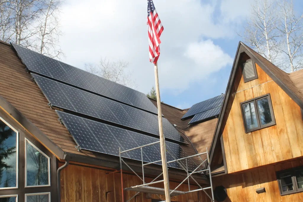 Completed on grid solar install with american flag